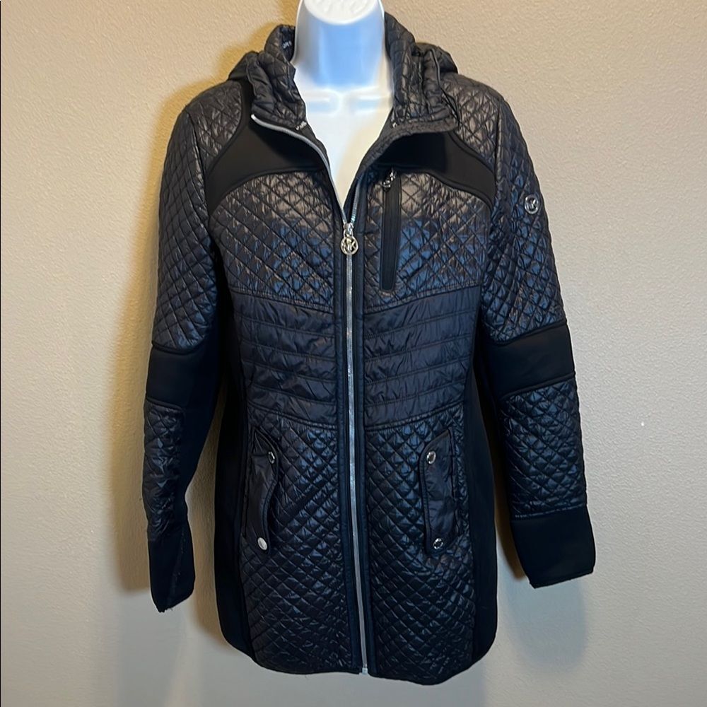 MICHAEL KORS Women's Black Mixed Media Coat Hooded Quilt Jacket Size S